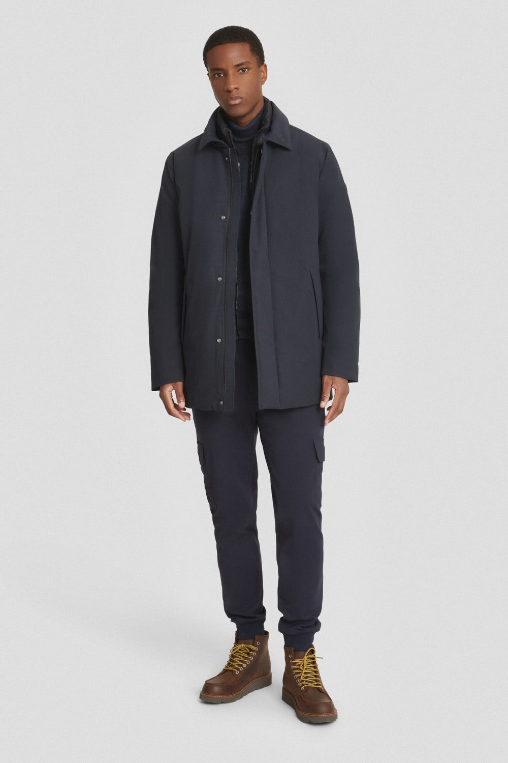 Giacca lunga blu in softshell con collo a camicia