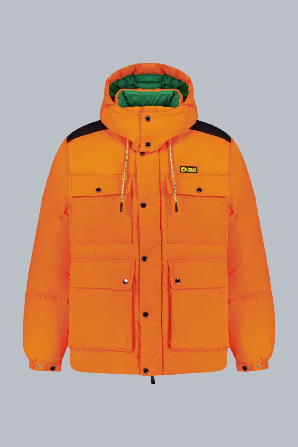 ALASKA – PIUMINO UNISEX ARANCIONE 4 TASCHE CON CAPPUCCIO STACCABILE 100% RICICLATO