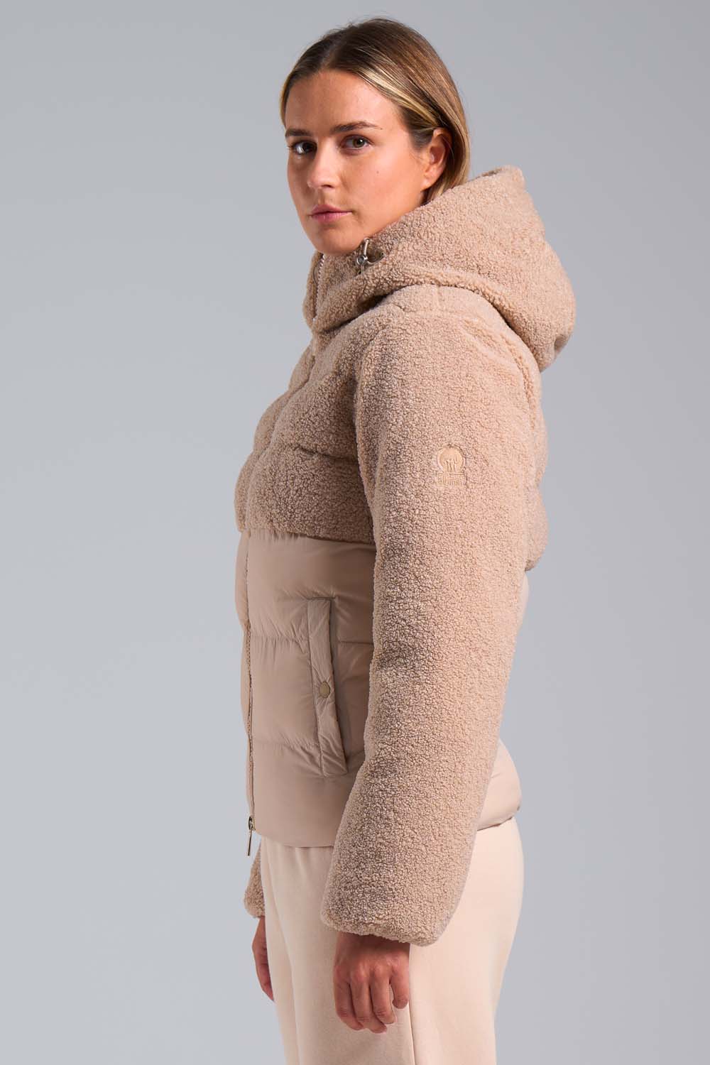 BONILLA - Piumino ibrido grigio in teddy con cappuccio