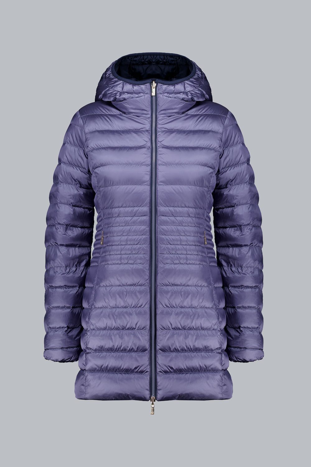 KALIE - Piumino lungo blu reversibile in vera piuma 800 fill power