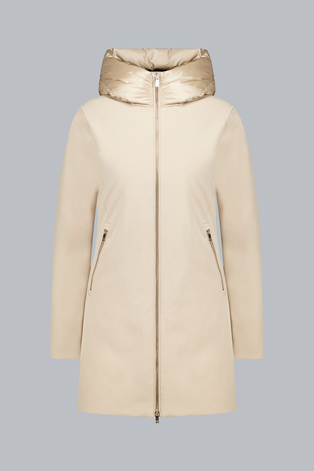 MIRE 2.2 – Giacca lunga beige in softshell con cappuccio